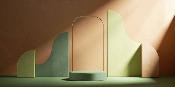 istock 3d render, abstract terracotta background with green geometric shapes, empty podium and golden arch. Modern minimal showcase scene for product presentation, illuminated with the sunlight 1310645523