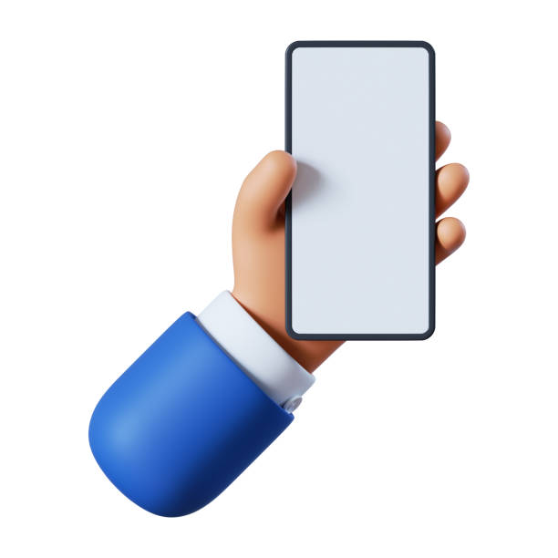 istock 3d render. Hand with smart phone icon. Cartoon character holds mobile gadget with blank touch screen. Business clip art isolated on white background 1310645719