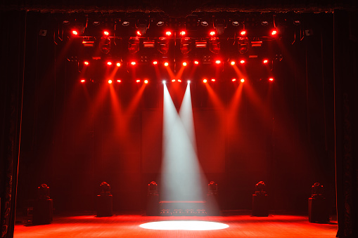 Red Curtain with Stage and Spot Light. 3D Render