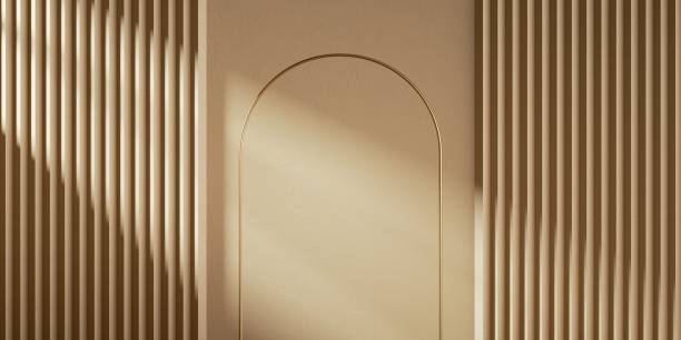 istock 3d render. Abstract beige background with empty arch frame and sunlight on the wall. Modern minimal showcase scene for product presentation 1310646575