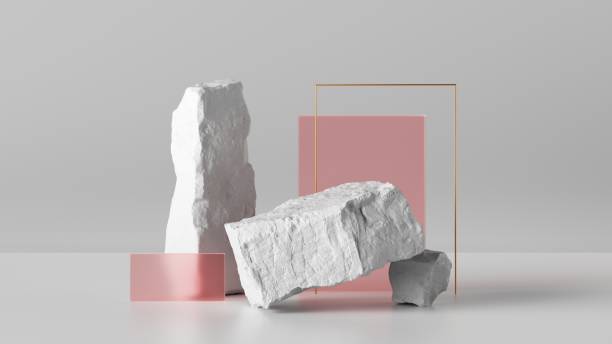 istock 3d render, abstract background with white cobblestone blocks and pink glass. Minimal showcase scene with empty rock podium for product presentation 1310646578