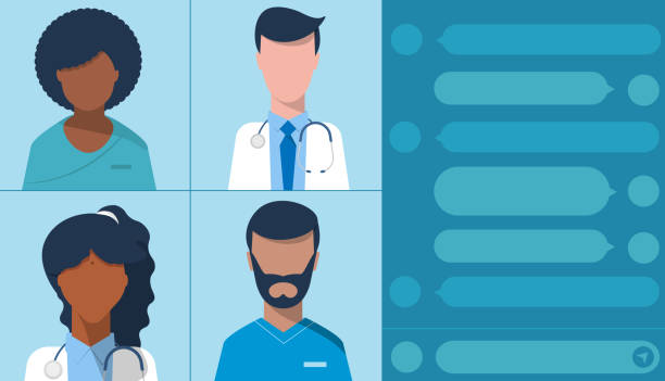 diverse people of different ethnicities and genders dressed as medical personnel in a masterclass or webinar. technology and video calls or conferences concept. vector art illustration