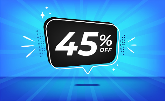 45% off. Blue banner with forty-five percent discount on a black balloon for mega big sales vector.