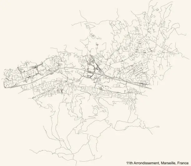 Vector illustration of Street roads map of the 11th Arrondissement (Les Accates, La Barasse, Les Camoins, Éoures, La Millière, La Pomme, Saint-Marcel, Saint-Menet, La Treille, La Valbarelle, La Valentine) of Marseille, France