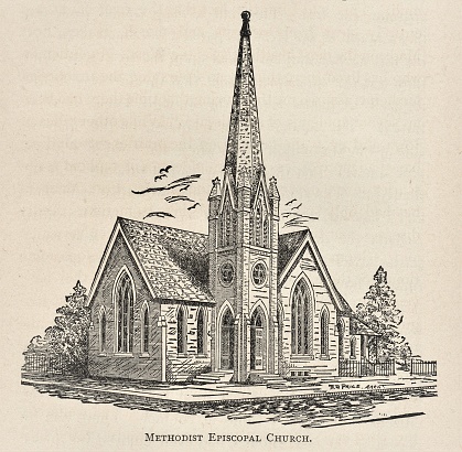 Fort Madison, Iowa, historic building Episcopal Church. Illustration published 1886. Source: Original edition is from my own archives. Copyright has expired and is in Public Domain.