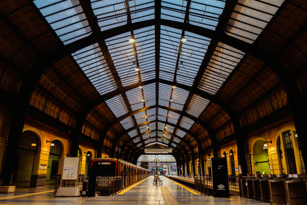Train detail and train platform at Bucharest North Railway Station (Gara de Nord Bucharest) in Bucharest, Romania, 2021