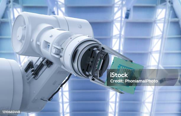 Computer Robot Chip Robotic Arm With Chipset Stock Photo - Download Image Now ...
