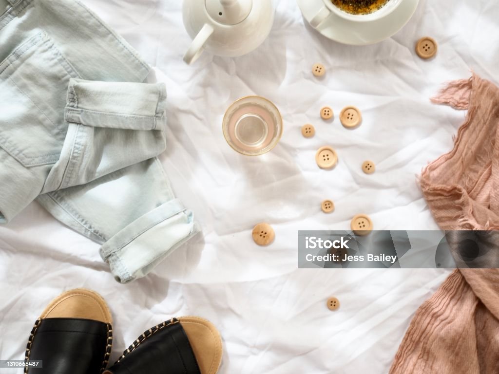 Bright Flat Lay 3 Bright and light flat lay with cloth and buttons Australia Stock Photo