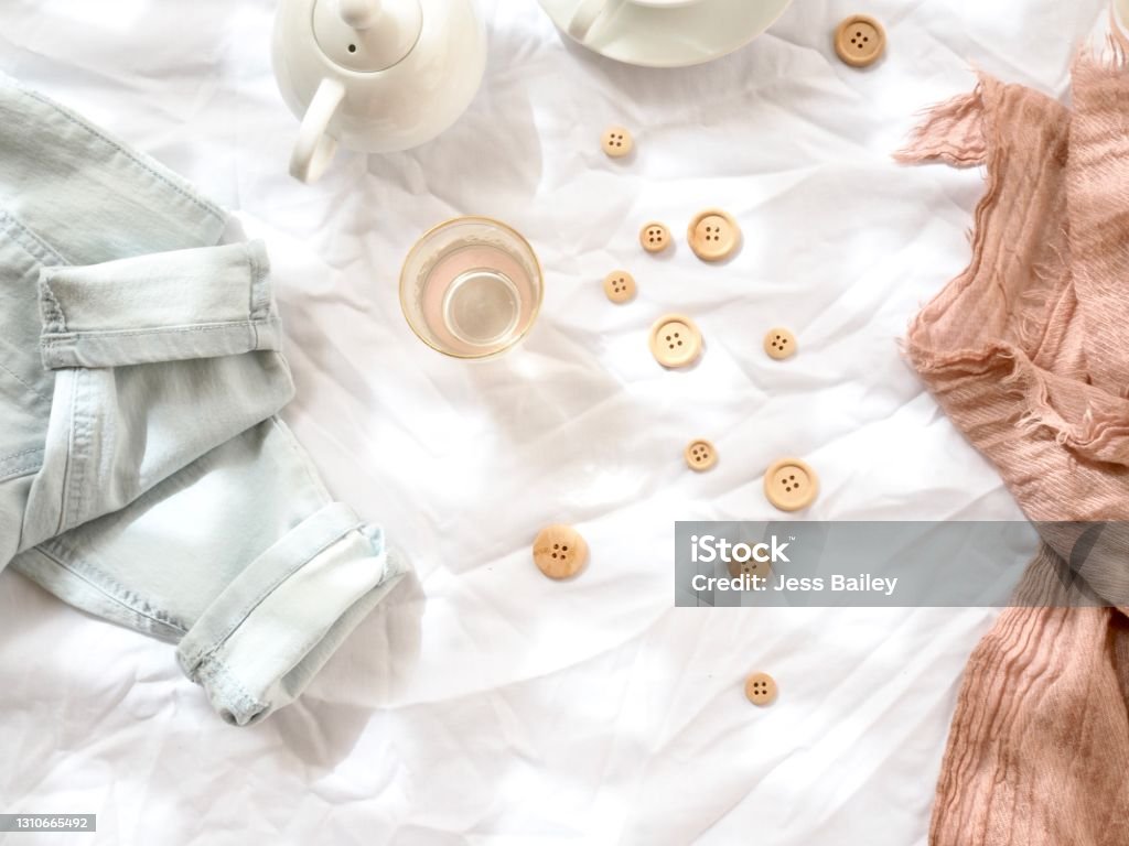 Flat Lay Cloth 1 Bright and light flat lay with cloth and tea Art And Craft Stock Photo