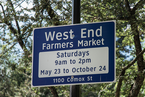 Vancouver, Canada - June 29,2020: View of sign West End Farmers Market in Downtown Vancouver