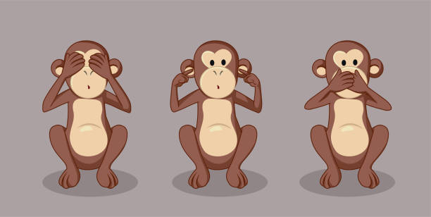 ilustraciones, imágenes clip art, dibujos animados e iconos de stock de ilustración vectorial de tres monos sabios - primate