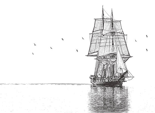 großes schiff - brigantine sailing ship old nautical vessel stock-grafiken, -clipart, -cartoons und -symbole