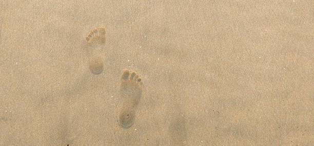 istock Closeup of Footprints in seashore with a selective focus on footprints. 1310670250