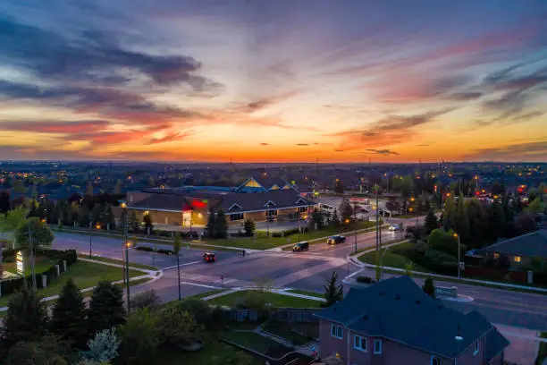 Photo of Aerial view of Rutherford road and Islington Ave., detached and duplex house at Woodbridge in Vaughan, Ontario, Canada