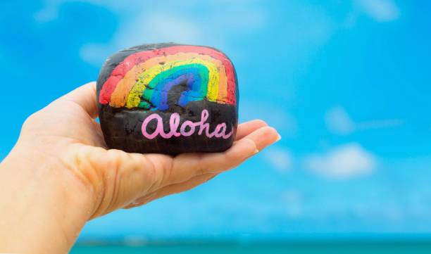 hawaii vacation. aloha with a rainbow on the beach. - hawaii islands big island waikiki beach imagens e fotografias de stock