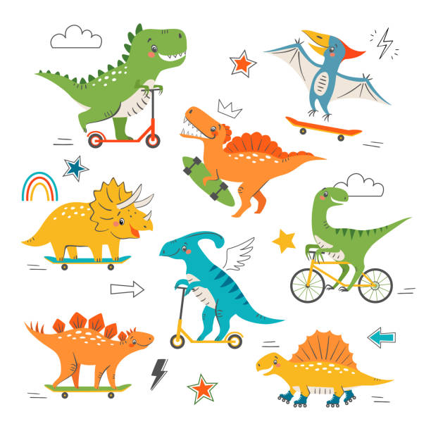 Illustration of cute dinosaurs riding skateboard, scooter and bicycle Set of cute funny dinosaurs riding skateboard, scooter, bike and roller skates. Cartoon cool dino characters and graphic elements for children's design dinosaur stock illustrations