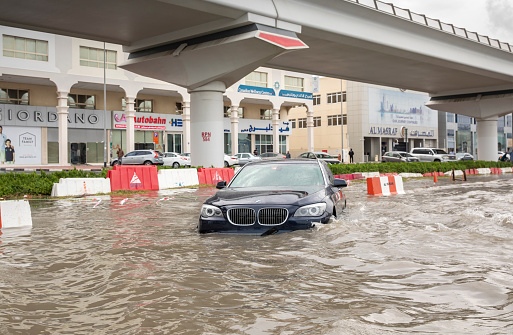 Dubai, United Arab Emirates, 11th January 2020: flooded streets of Dubai after a heavy downpour