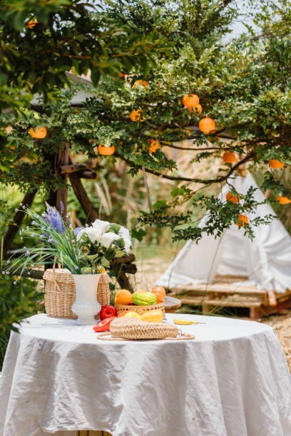 istock Cute table with fruit and flower in orange farm. 1310698553