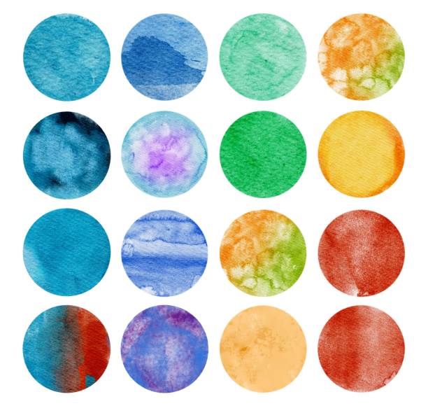 istock Hand drawing abstract watercolor shapes set. Watercolour drops isolated on white.  Illustration for artistic design, poster, card. Round spots, drops of different colors. 1310701069