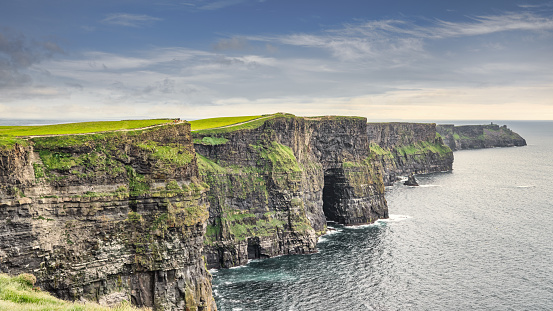 Cliffs of Moher Panorama Ireland. Scenic view towards the famous Cliffs of Moher Coastline under beautiful sunny summer skyscape. Burren Region, County Clare, Ireland, Northern Europe, Europe