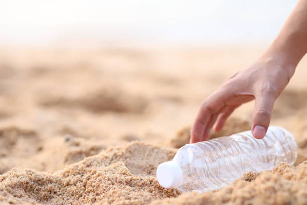 hand picked plastic bottle waste on beach,garbage is on beach stock photo