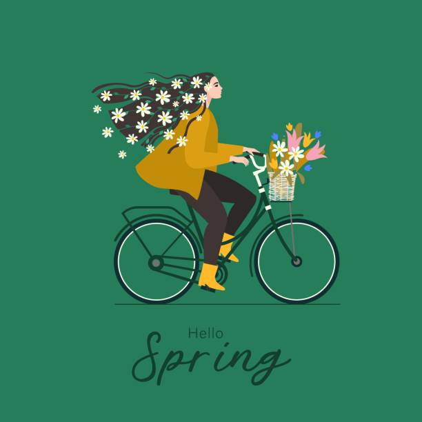 girl dressed in stylish clothes riding bicycle with flower bouquet in front basket. Cute happy young woman on bike. Adorable female bicyclist. Daisies in the girl's hair Funny smiling girl dressed in stylish clothes riding bicycle with flower bouquet in front basket. Cute happy young woman on bike. Adorable female bicyclist. Daisies in the girl's hair springtime woman stock illustrations
