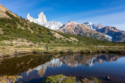 Men ist trecking with view of the Fitz Roy reflection in cerro torre