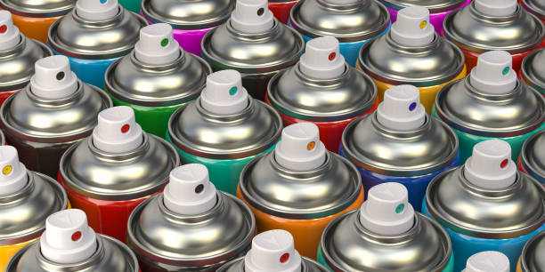 一排排五顏六色的塗鴉噴漆罐或瓶裝氣溶膠。 - 噴霧罐 個照片及圖片檔