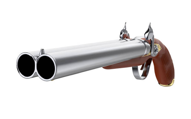 howdah hunter pistol old 3d Old gun with double barrels, vintage flintlock pistol, steampunk style, isolate on white background. 3d illustration. steampunk pistol pictures stock pictures, royalty-free photos & images