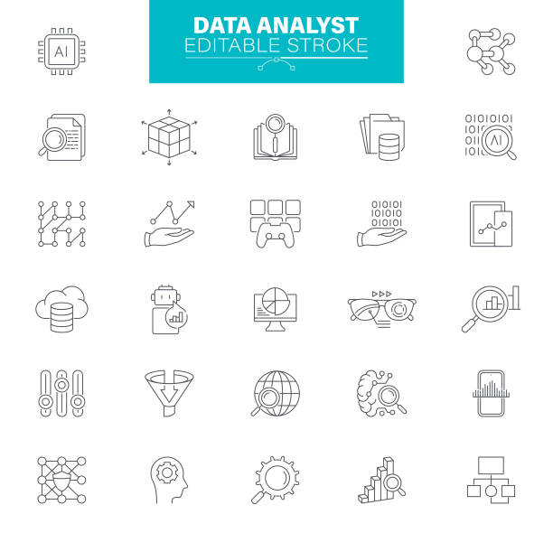 ilustraciones, imágenes clip art, dibujos animados e iconos de stock de iconos de analistas de datos trazo editable - flowchart diagram organization algorithm