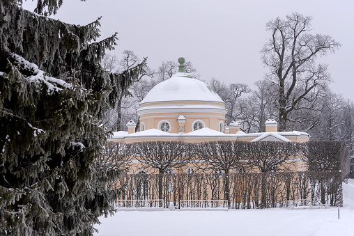 Tsarskoye Selo, Saint-Petersburg, Russia – February 24, 2021: The Lower Bathhouse Pavilion in The Catherine Park in winter