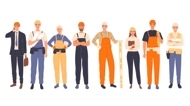 illustrations, cliparts, dessins animés et icônes de groupe de travailleurs de la construction en uniforme, hommes et femmes de différentes spécialités chef, ingénieur, ouvrier - salopette