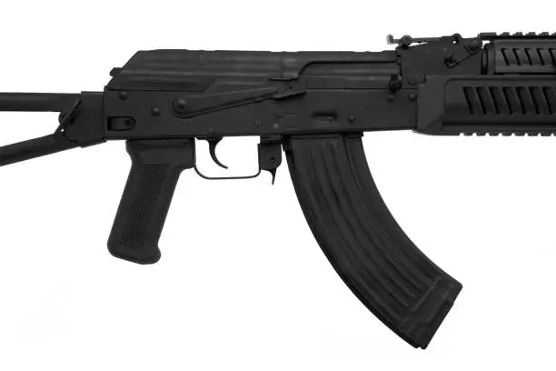 Photo of Soviet carbine in modern body kit isolate on a white background. Tuned automatic carbine of the USSR. Weapons for sports and self-defense.