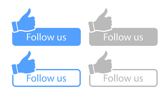 Follow us with thumbs up vector button. Follow me with hand vector icons collection. Social media symbols isolated on white background.
