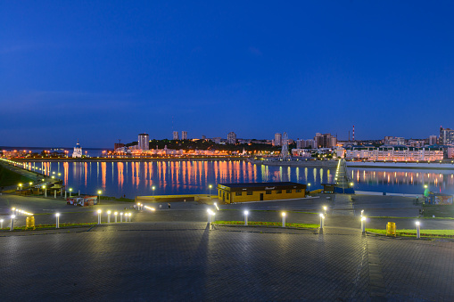 Cheboksary. Russia. - June 9, 2020: View of Cheboksary Bay and the embankment on a summer night.