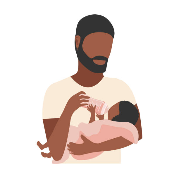 stockillustraties, clipart, cartoons en iconen met vader voedt de baby - gevoerd worden