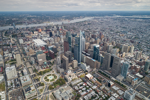Top View of Downtown Skyline Philadelphia USA and City Hall. Skyline of Philadelphia City Center, Pennsylvania. Business Financial District and Skyscrapers in Background. Drone Point of View.