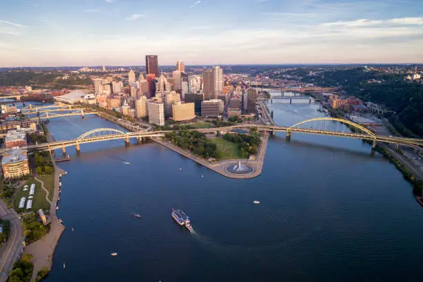Photo of Aerial view of Pittsburgh, Pennsylvania. Business district Point State Park Allegheny Monongahela Ohio rivers in background.