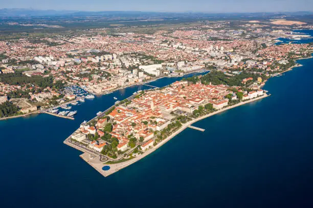Photo of Aerial shot of Zadar old town, famous tourist attraction in Croatia. Waterfront aerial summer view, Dalmatia region of Croatia.