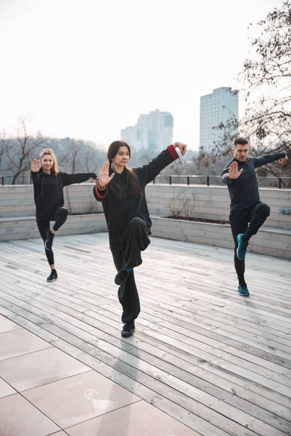 istock Tai chi outside on roof during exercise on one leg 1310727340