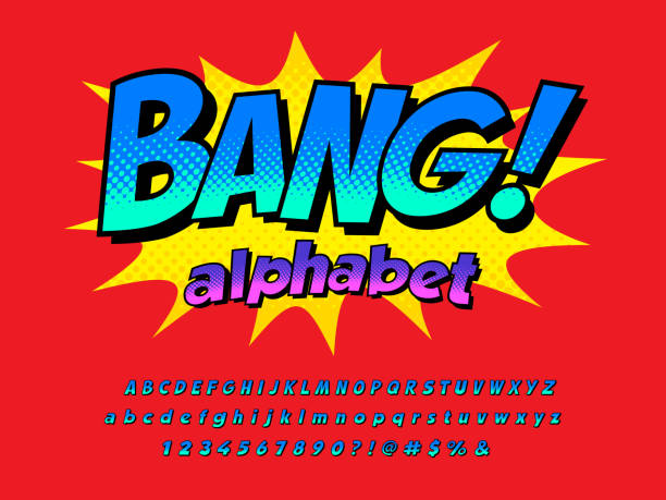 comical font Comical style vector font design with uppercase, lowercase, numbers and symbols comic book stock illustrations