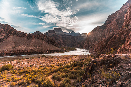 Sunrise on the Colorado River on the Bright Angel Trailhead route in the Grand Canyon. Arizona