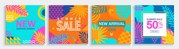 ilustraciones, imágenes clip art, dibujos animados e iconos de stock de venta de tarjetas de verano con mezcla geométrica y tropical. - verano