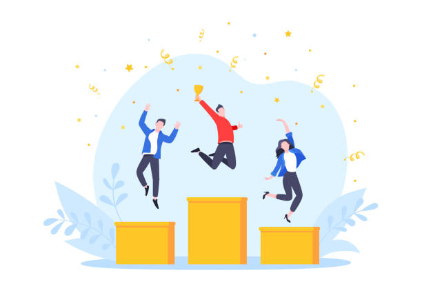 ilustrações de stock, clip art, desenhos animados e ícones de people standing on the podium rank first three places, jumps in the air with trophy cap. - rank