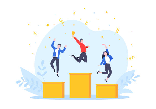 People standing on the podium rank first three places, jumps in the air with trophy cap. People standing on the podium rank first three places, jumps in the air with trophy cap. Employee recognition and competition award winner business concept flat style design vector illustration. contest stock illustrations