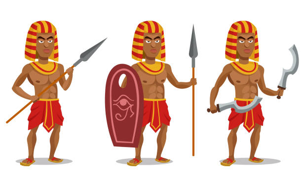 Egyptian warrior in different poses. Egyptian warrior in different poses. Male character in cartoon style. egyptian ethnicity stock illustrations