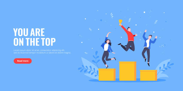 People standing on the podium rank first three places, jumps in the air with trophy cap. People standing on the podium rank first three places, jumps in the air with trophy cap. Employee recognition and competition award winner business concept flat style design vector illustration. armed forces rank stock illustrations