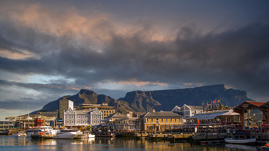 Cape Town's Table Mountain. Seen from the Waterfront at sunset, South Africa.
