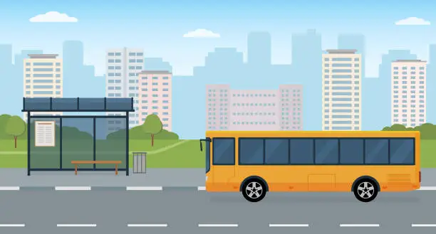 Vector illustration of Bus and bus stop on modern city background. Concept of public transport. Panoramic view.