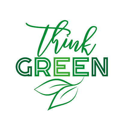 Think Green- Vector Design Illustration with Hand-Lettering Text Logo Think Green Concept - Ecology and Green Energy in Trendy Linear Style.